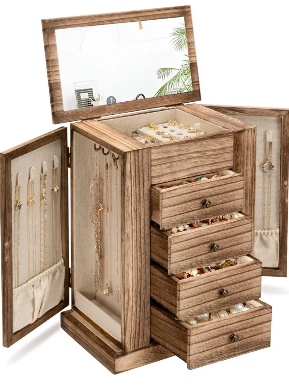 Wooden Woven Accent Jewelry Box - Natural Brown